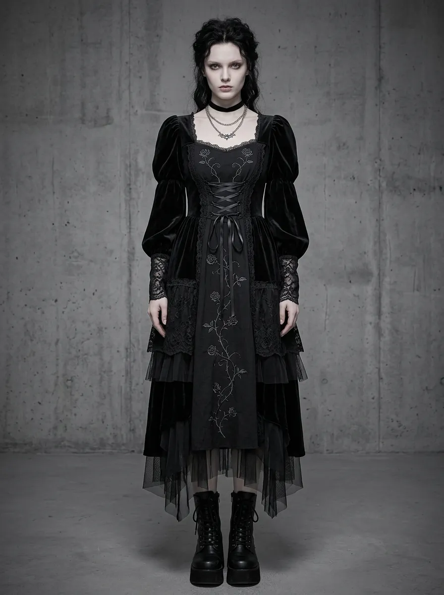 Women's Gothic Rose Embroidery Lace Trimmed Velvet Top