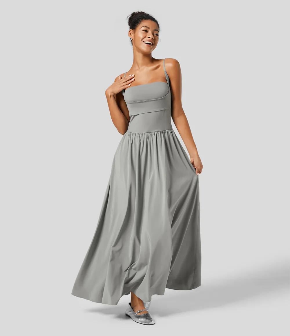 Breezeful Backless Side Pocket Plicated Flowy Flare Maxi Quick Dry Casual Slip Dress