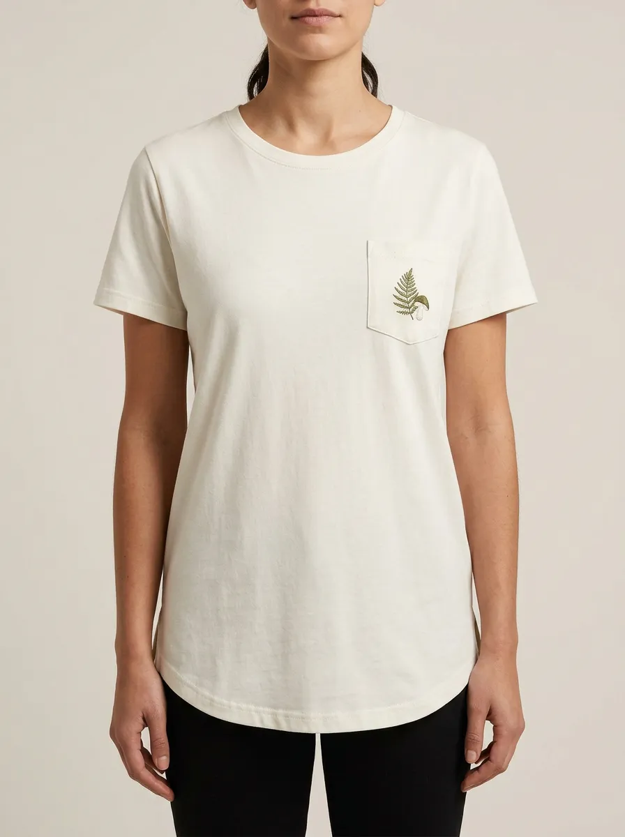 Women's Fern & Mushroom Embroidered Pocket Crewneck T-Shirt