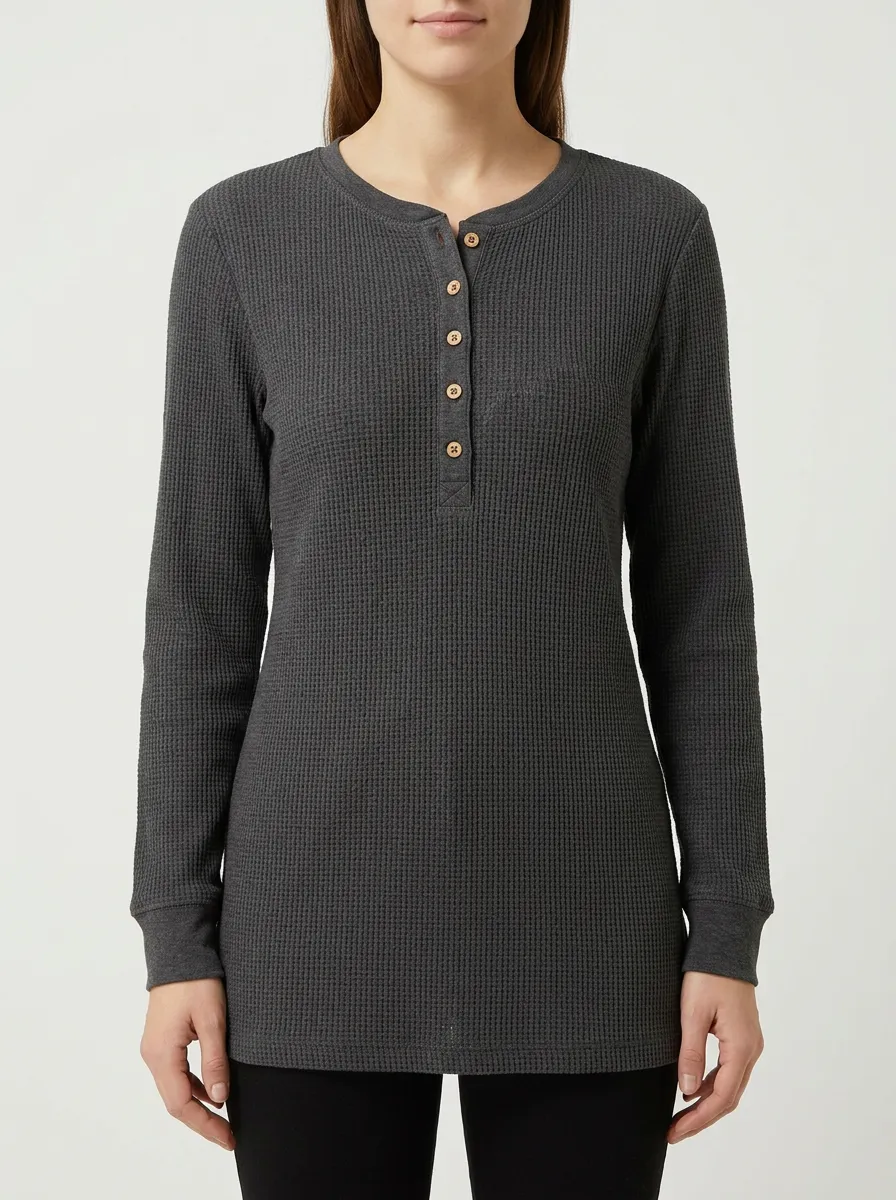 Relaxed Everyday Charcoal Waffle Knit Button Down Long Sleeve Top