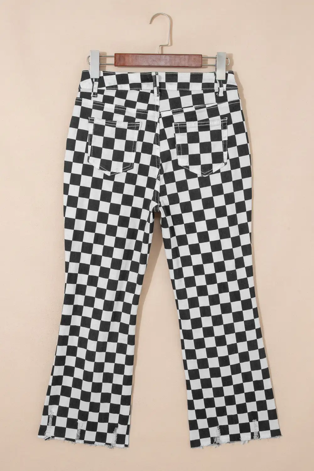 Women's Checkerboard Print Distressed Holes Raw Edge Cropped Jeans