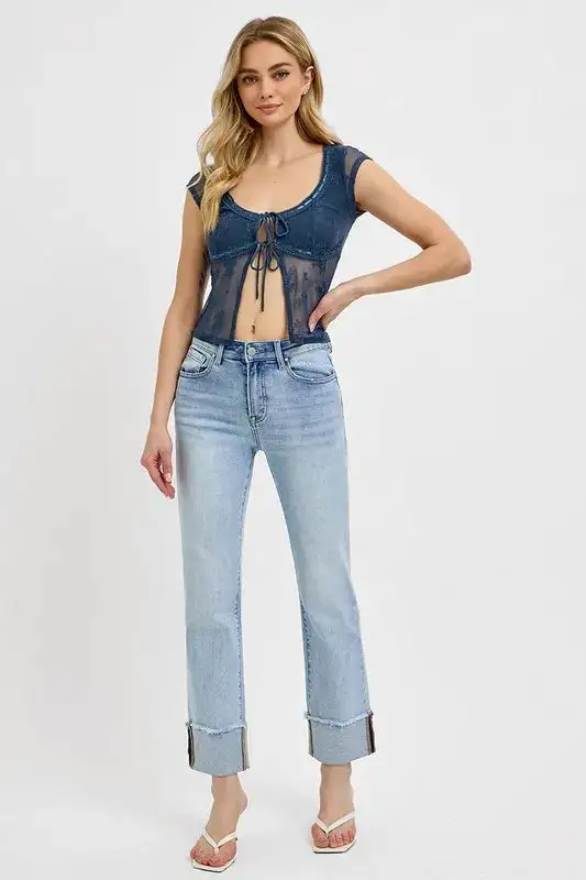 High Waist Straight Leg Cuffed Denim Jeans