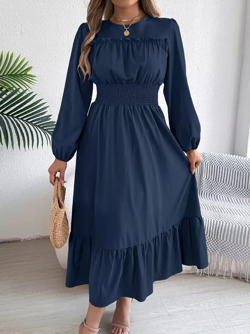 Round Neck Tiered Dress Casual