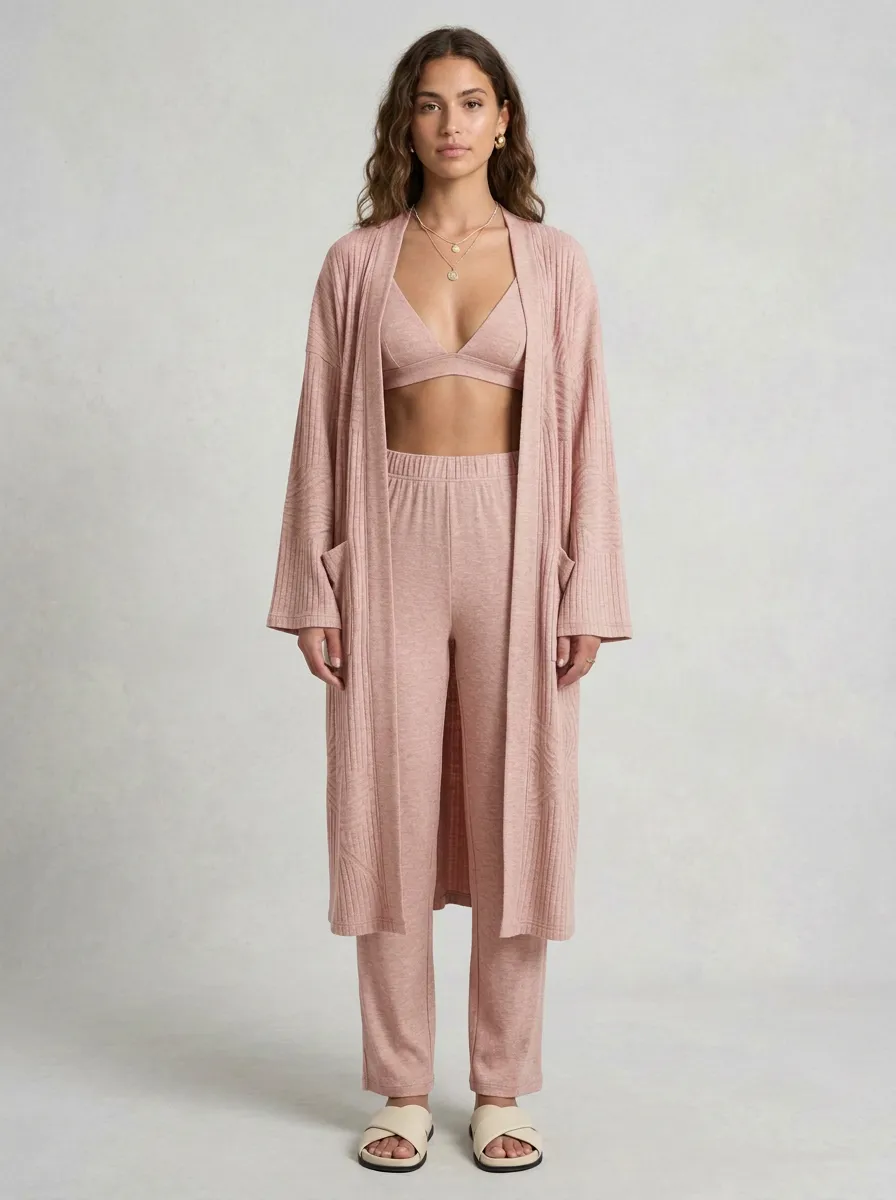 Paneled Open Front Cardigan Lounge Set