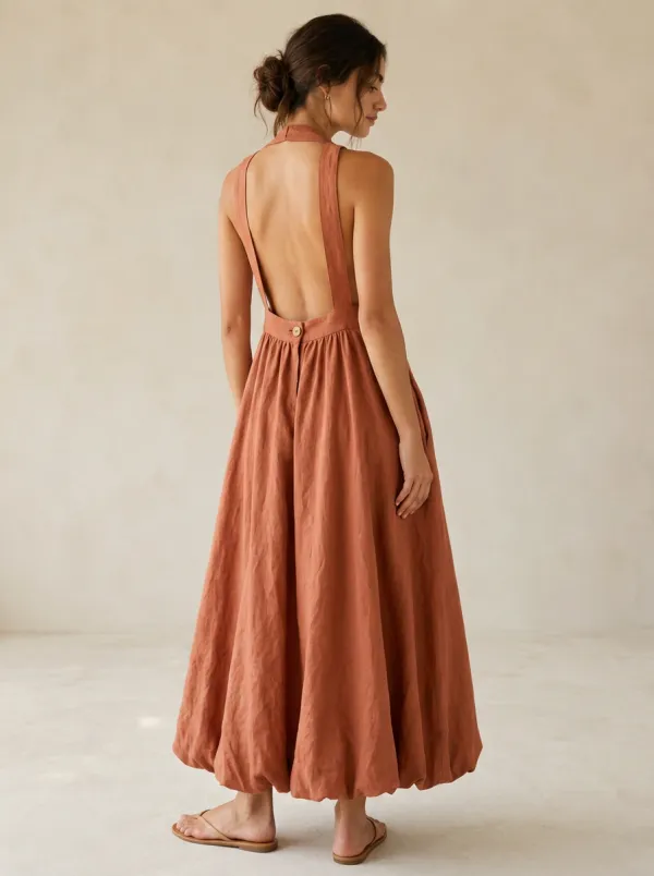 Women's Soft-Drape Boho Linen Maxi Backless Dress