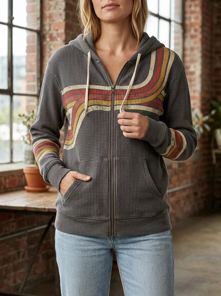 Women's Retro Striped Pattern Printed Waffle Knit Zip Hoodie