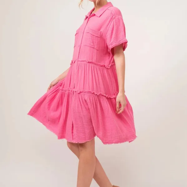 Raw Edge Washed Tiered Shirt Dress