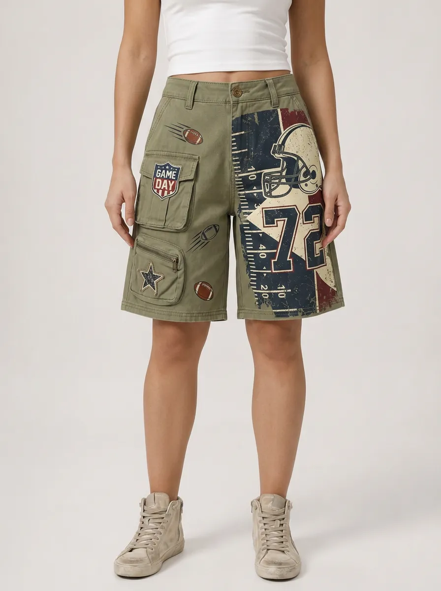 Women's Football Fan Game Day Helmet Number Printed Cargo Shorts