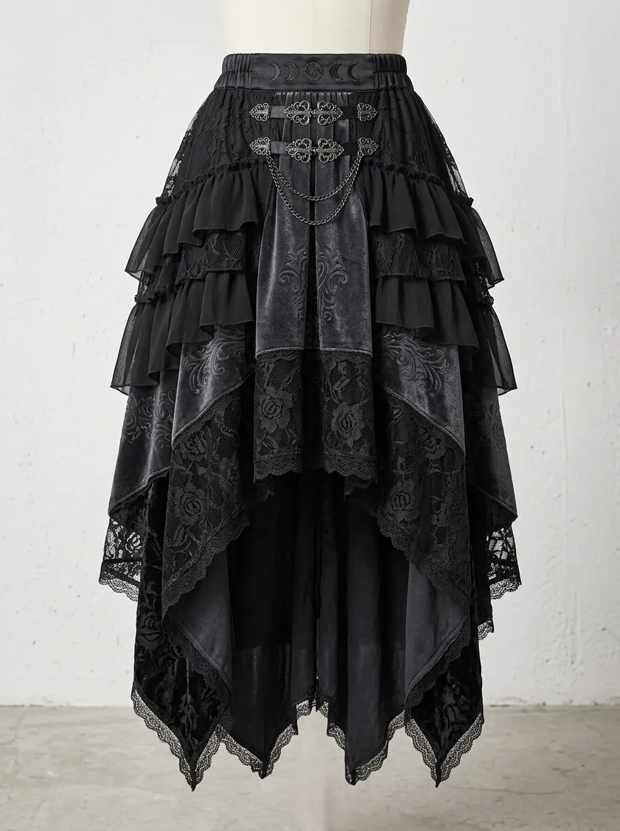 Midnight Moon Lace Ruffle Style Women's Gothic High-Low Skirt