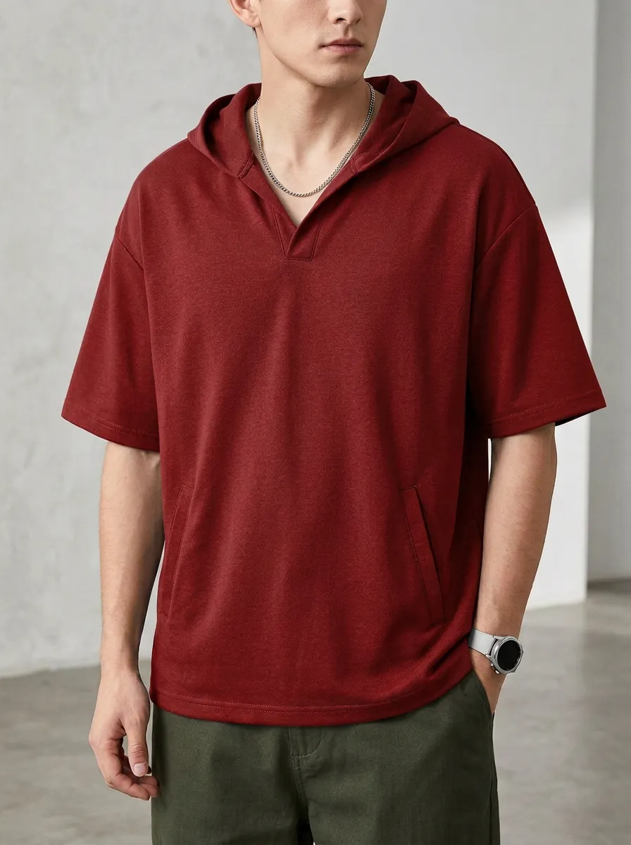Classic Short Sleeve Minimalist Solid Sport Look Men's Hoodie
