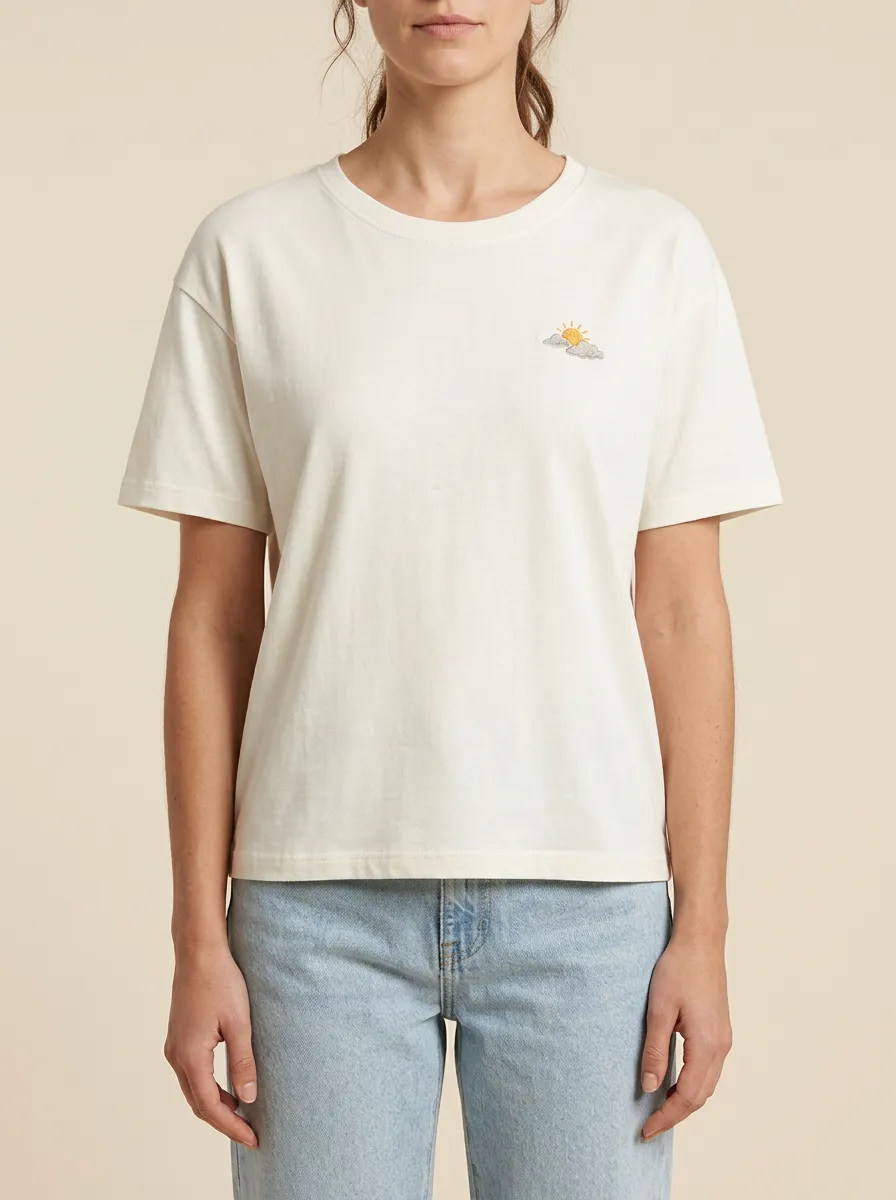 Women's Minimalist Sun & Cloud Embroidered Crewneck T-Shirt