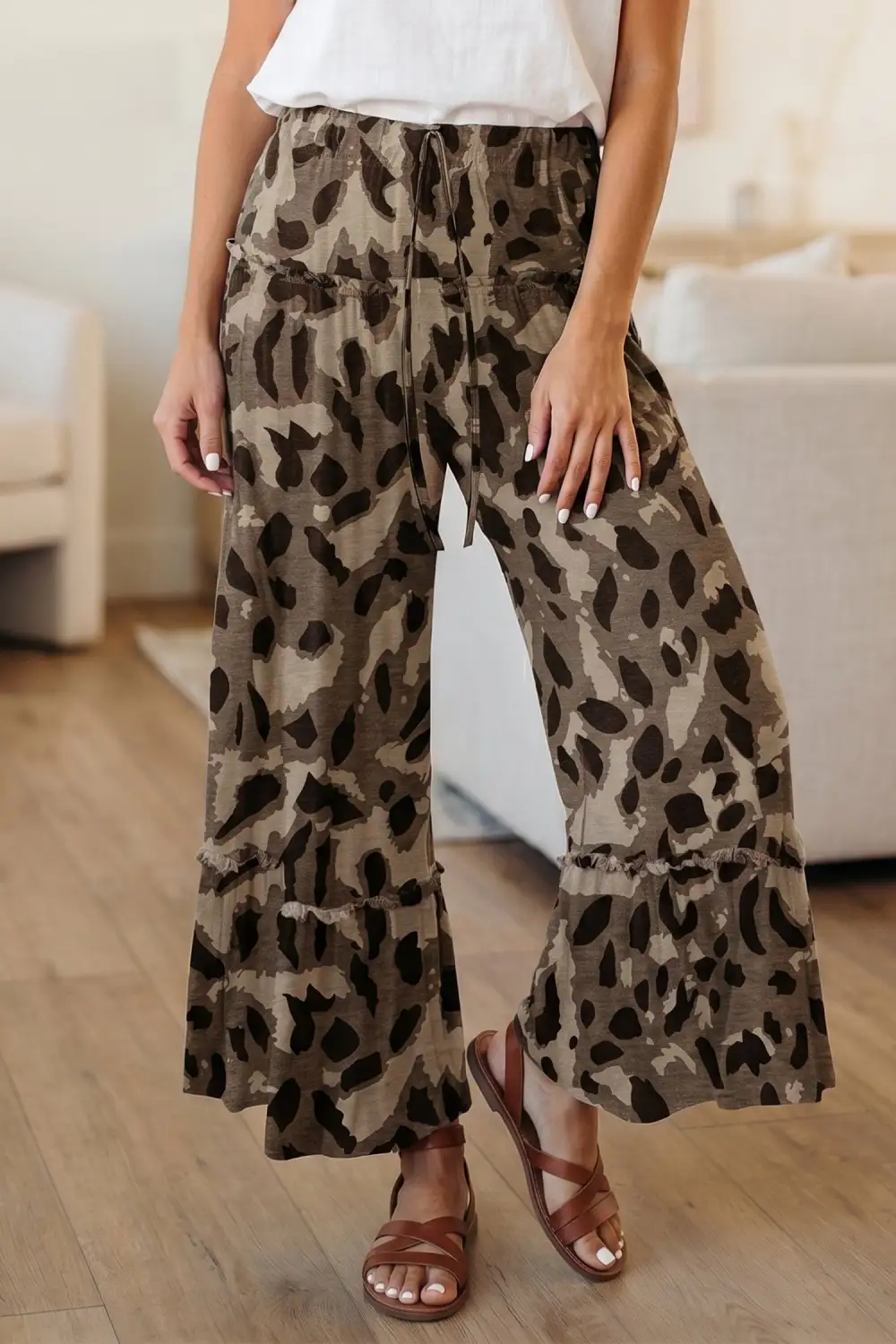 Classic Camo Print Wide Leg Casual Trousers