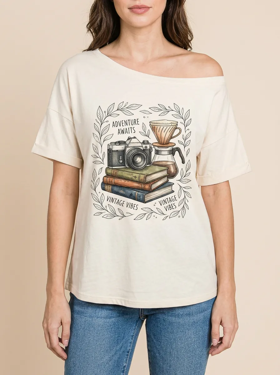 Women's Adventure Coffee Camera Books Graphic T-Shirt
