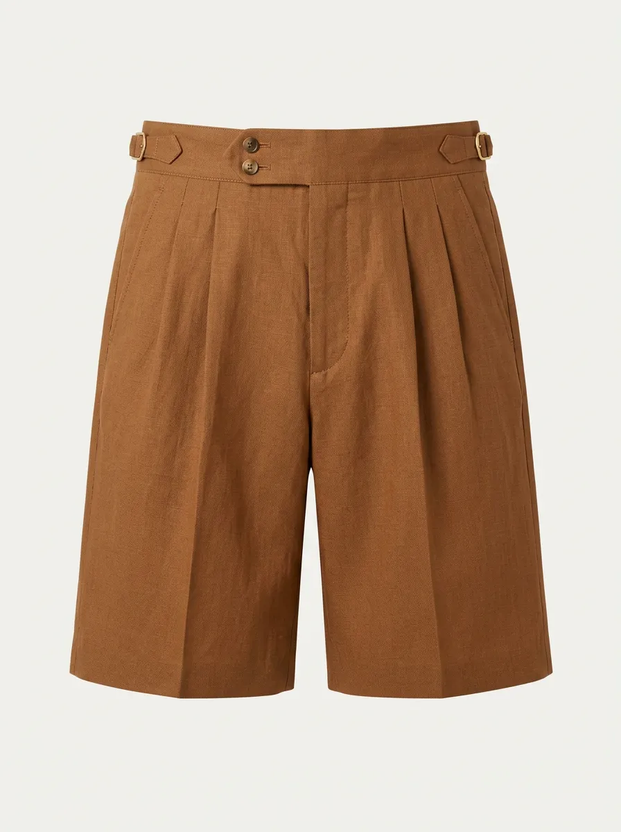 Men's Brown Linen Pleated Side-Adjuster Tailored Shorts
