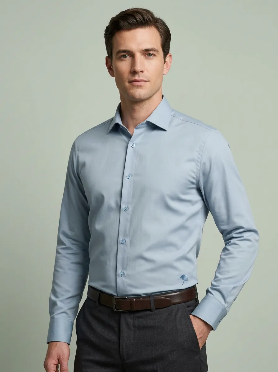Men's Non-Iron Cotton Ginkgo Leaf Embroidered Dress Shirt