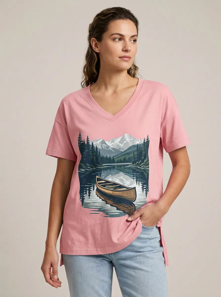 Women's Mountain & Canoe Graphic V-Neck T-Shirt