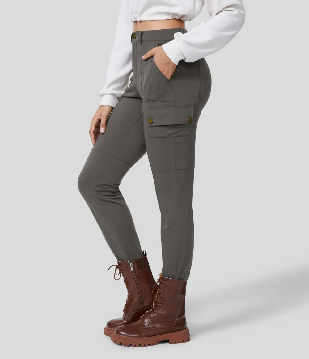 High Waisted Button Zipper Multiple Pockets Solid Skinny Cargo Pants