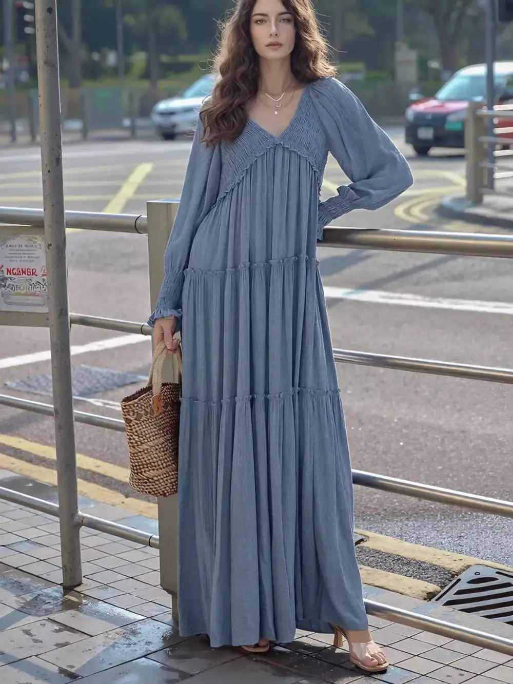 V Neck Tiered Long Sleeve Maxi Dress
