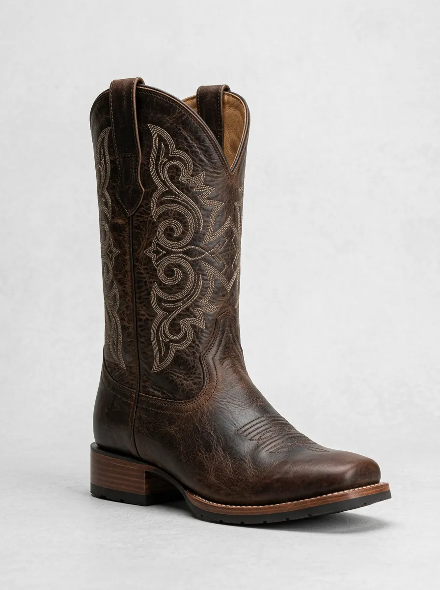 Unisex Vintage-Inspired Embroidered Distressed Leather-Look Frontier Look Western Cowboy Boots