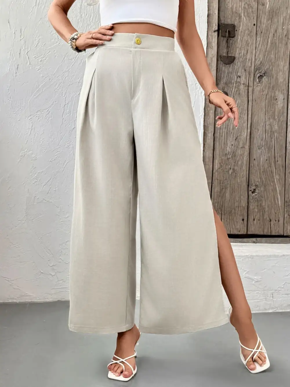 Wide Leg Pleated Slit Detail Pocketed Pants