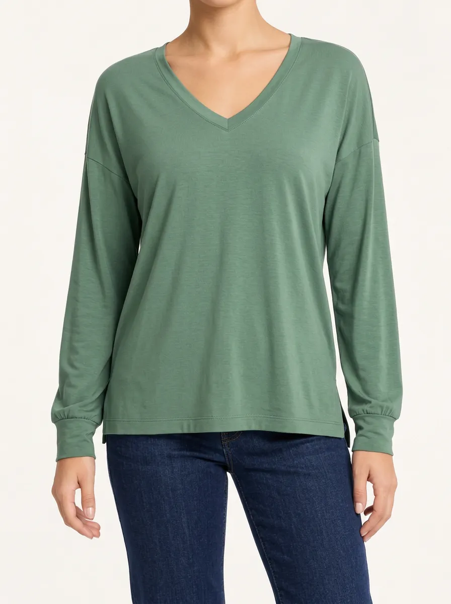 Comfort Focused V Neck Cotton Feel Women's Long Sleeve Tee