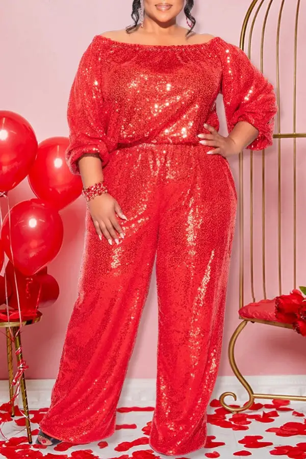 Sequin Off-Shoulder Long Sleeve Jumpsuit