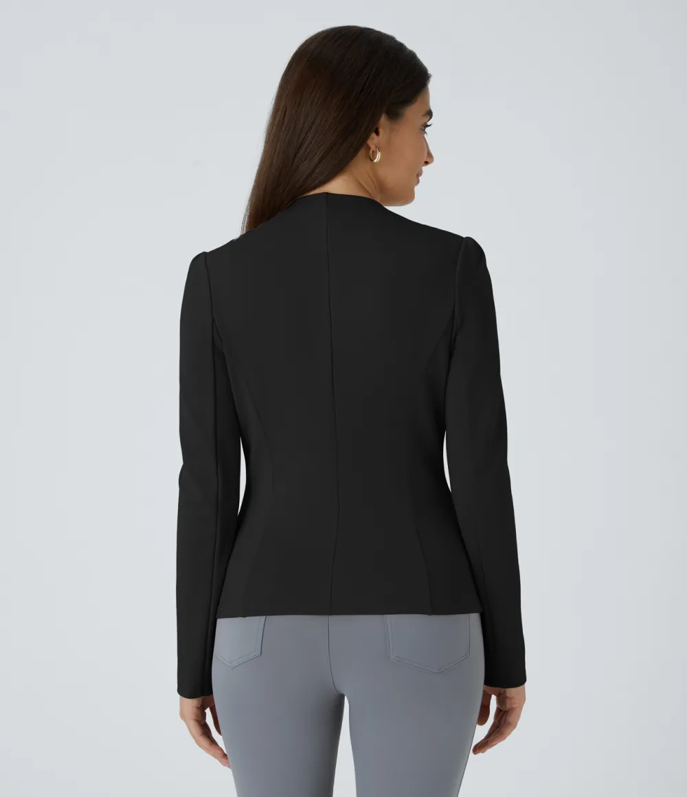 Round Neck Long Sleeve Decorative Buttons Slim Work Jacket