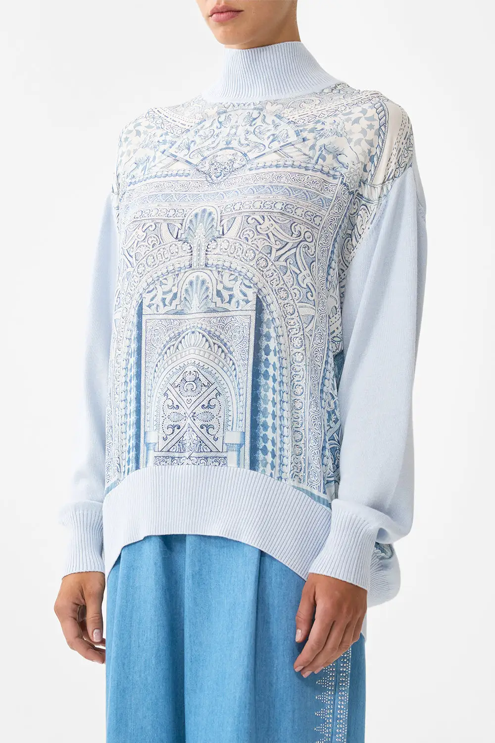 Silk Front Turtle Neck Knit Top
