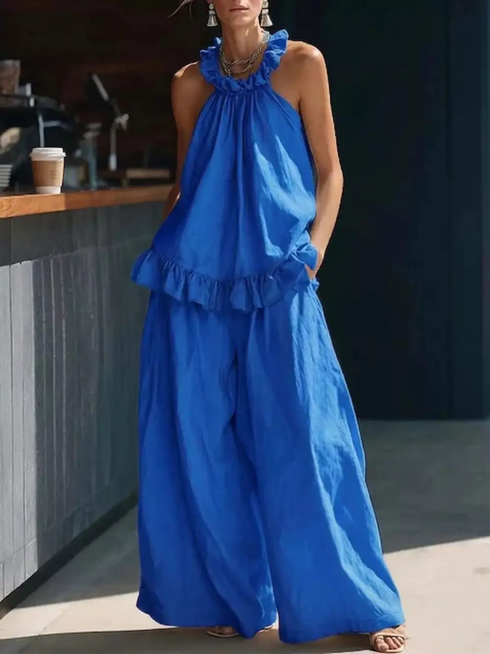 Full Size Ruffled Halter Neck Top and Wide Leg