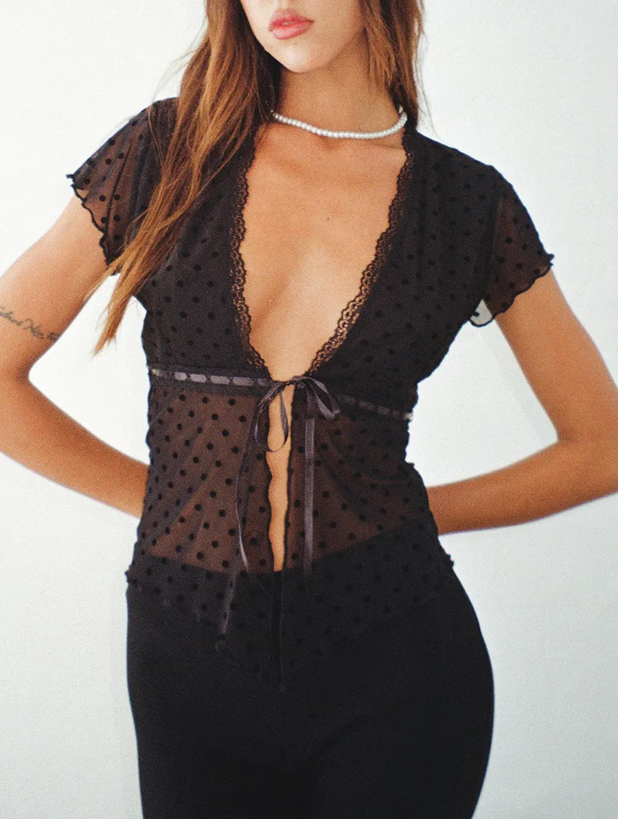 Butterfly Top In Polka Black Flock