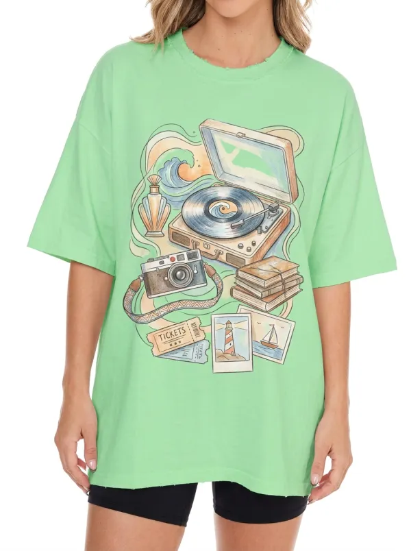 Women's Vintage Travel Record Player Camera Printed T-Shirt