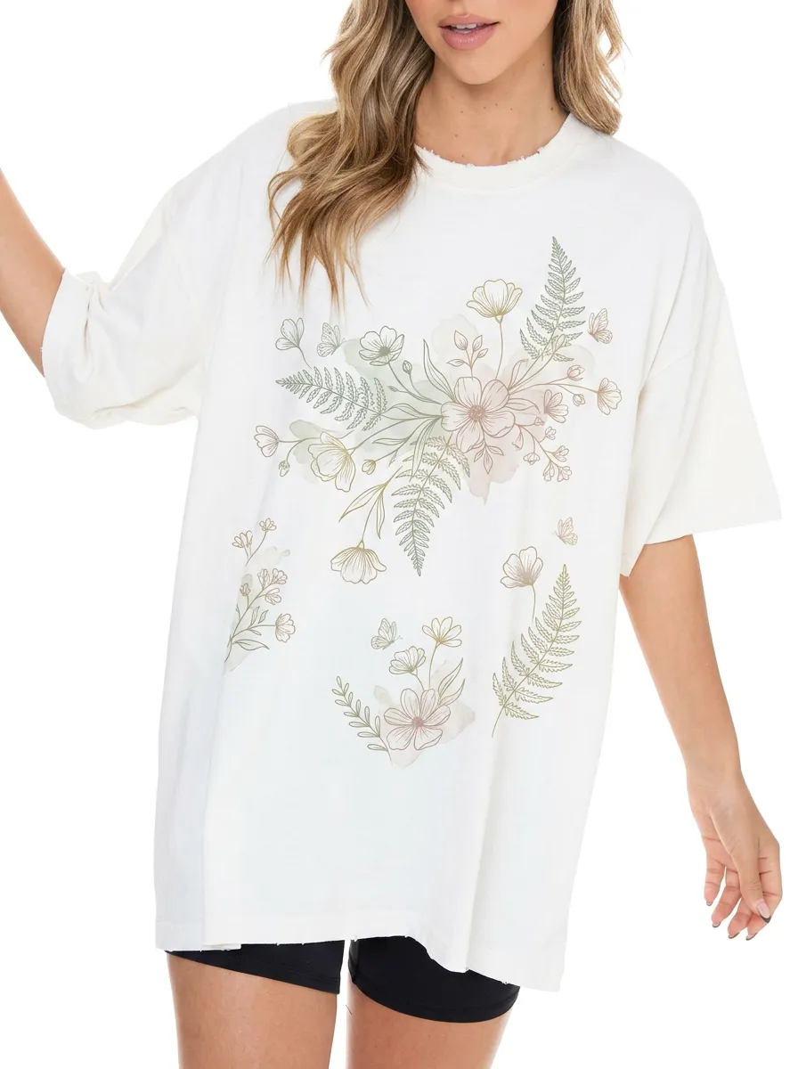 Women's Botanical Nature Lover Floral Fern Printed T-shirt