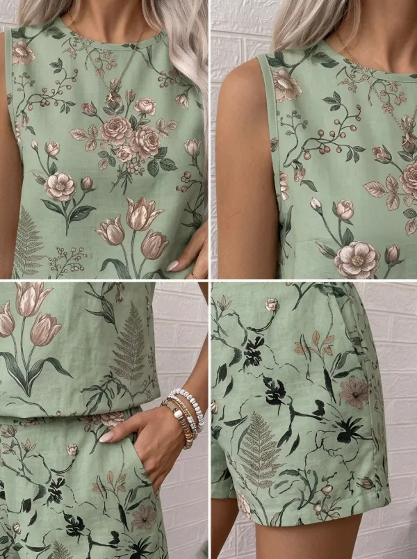 Women's Botanical Garden Floral Printed Sleeveless Shorts Set