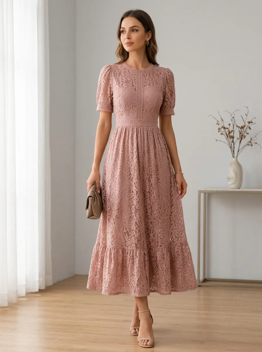 Women's Elegant Dusty Pink Floral Lace Printed Midi Dress