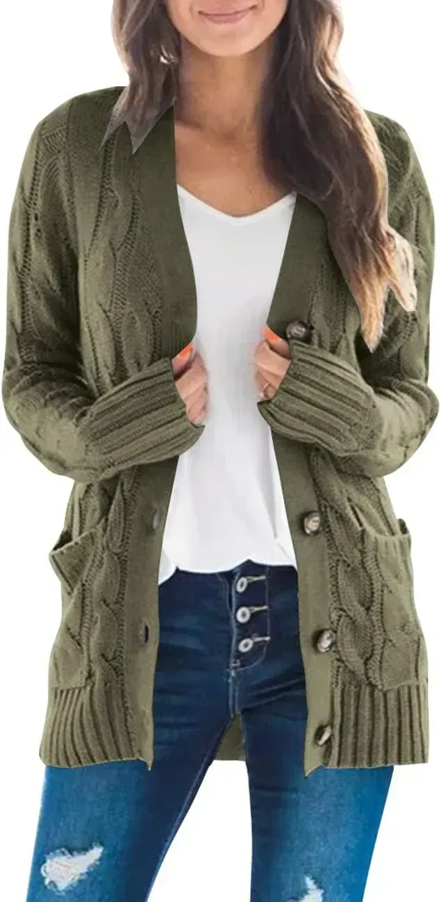 MEROKEETY Women's 2024 Fall Long Sleeve Cable Knit Sweater Open Front Cardigan Button Loose Outerwear
