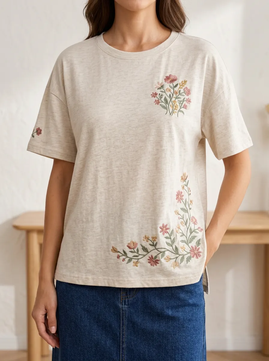 Crew Neck Floral Print Women's Short Sleeve Tee