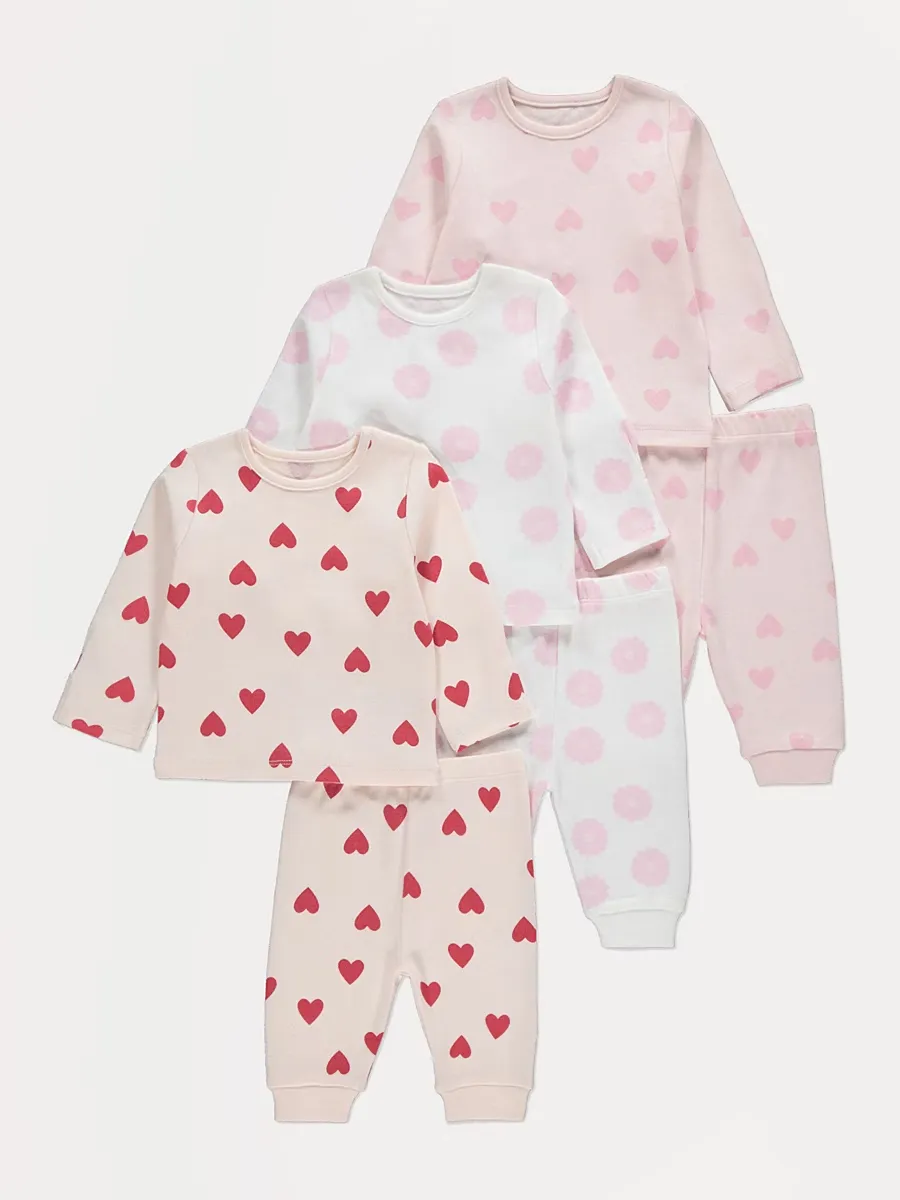 Pink Heart Long Sleeve Pyjamas 3 Pack