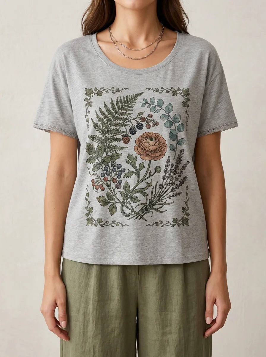 Women's Botanical Nature Lover Fern Berry Flower Printed T-shirt
