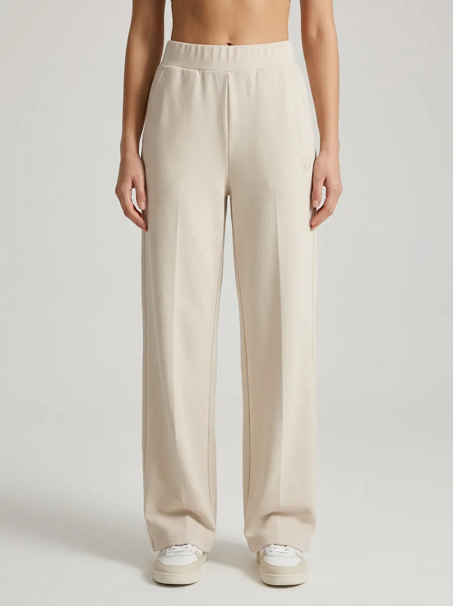 Women's Relaxed Minimalist Beige Solid Color Embroidered Wide Leg Sweatpants
