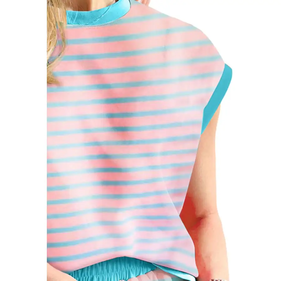 Contrast Trim Striped Round Neck Top and Shorts Set