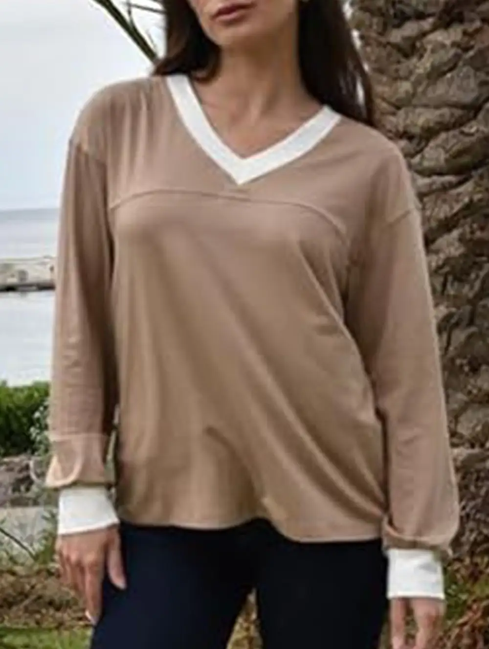 Contrast V Neck Loose Sweatshirt