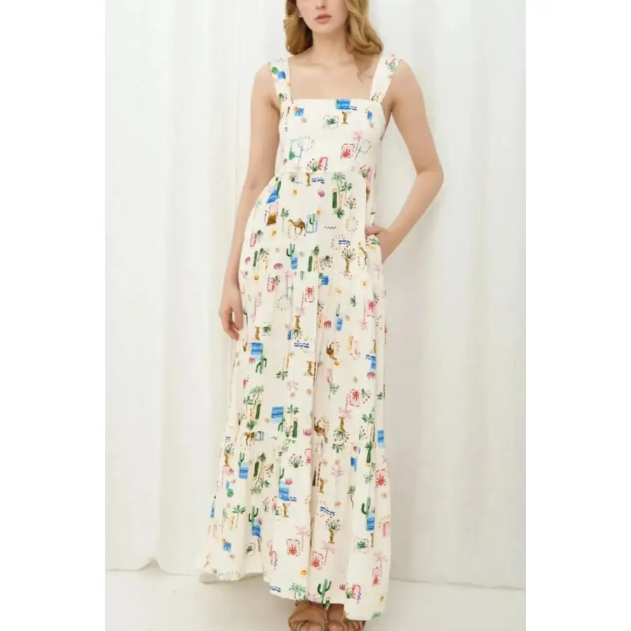 Classic Printed Square Neck Wide Strap Maxi Dress