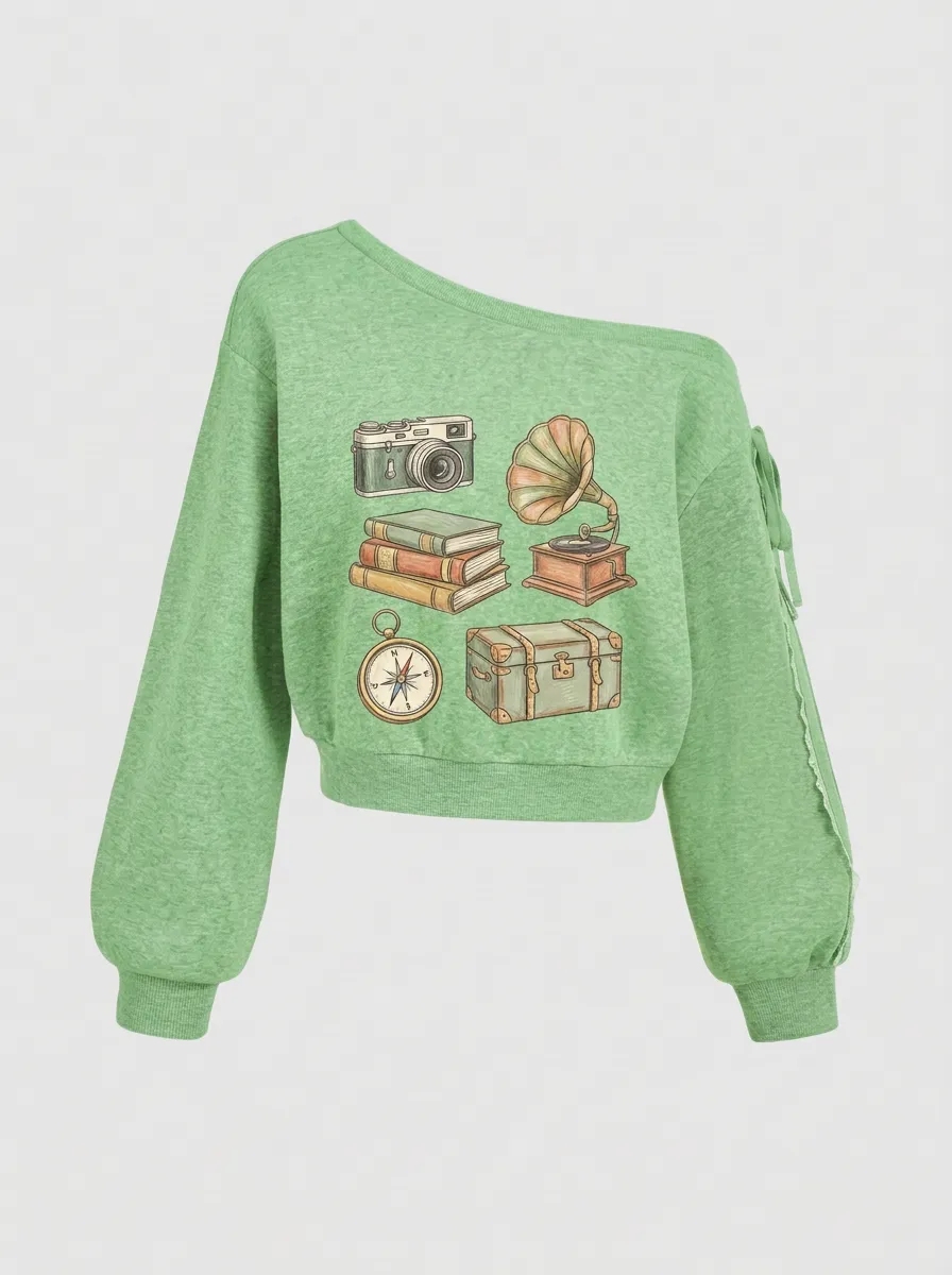 Women's Vintage Traveler Retro Items Printed Off-Shoulder Sweatshirt