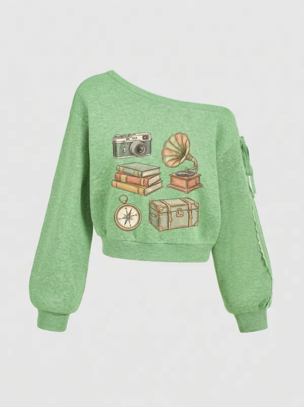 Women's Vintage Traveler Retro Items Printed Off-Shoulder Sweatshirt