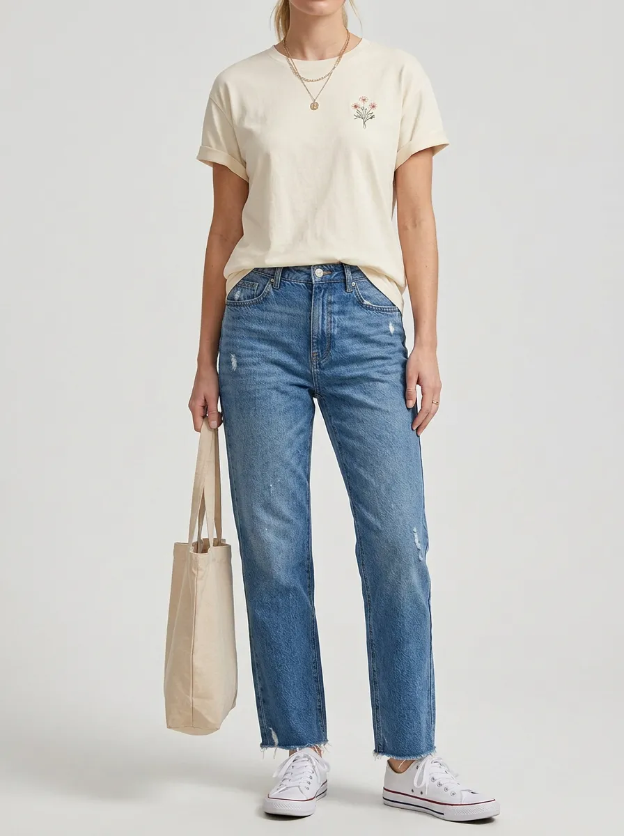 Women's Casual Floral Minimalist Printed T-shirt and Jeans Set