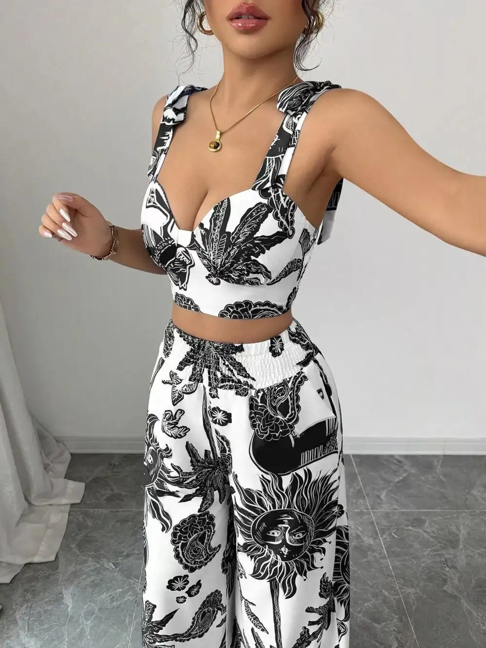 Floral Print Crop Top and Wide Leg Pants Set