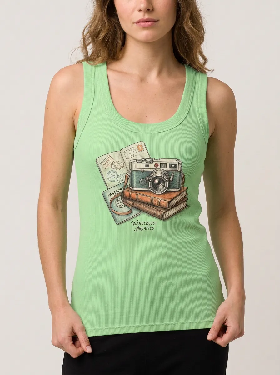 Women's Travel-Inspired Camera Passport Books Printed Tank Top