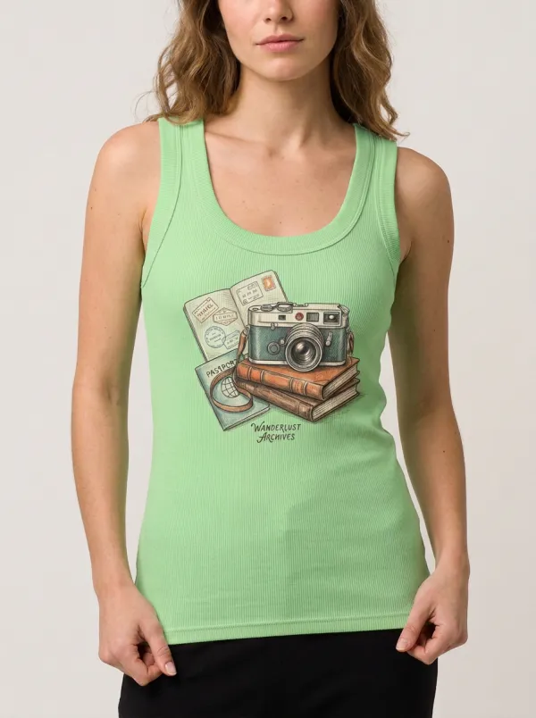 Women's Travel-Inspired Camera Passport Books Printed Tank Top