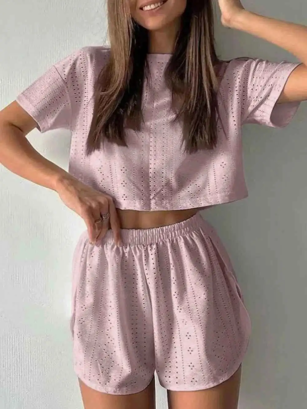 Pull On Eyelet Round Neck Top and Shorts Set