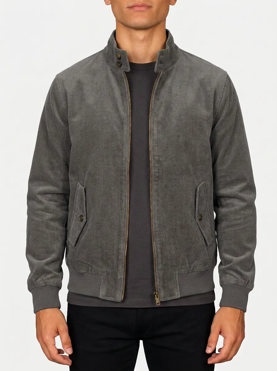 Men's Casual Olive Green Corduroy Zip-up Bomber Jacket
